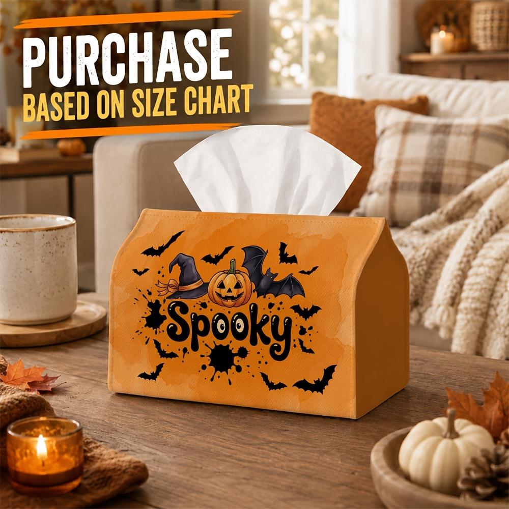 1pc Watercolor Spooky Halloween Tissue Box - Carved Pumpkin Bat Witch Hat Napkin Storage Box, Fits Rolls, Facial Tissues and Single Sheets, 2 Sizes fo