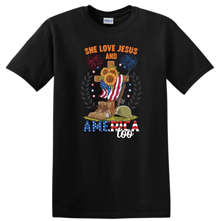 Jesus America T Shirt w/ Sunflowers Fireworks Military Boots Tee