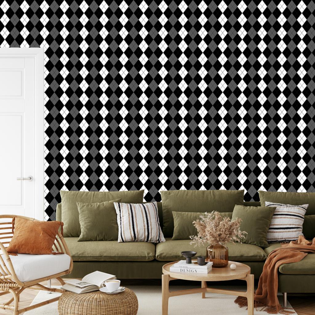 Black and white checkered wallpaper, graphite and black, for living room and bedroom, 50x1000