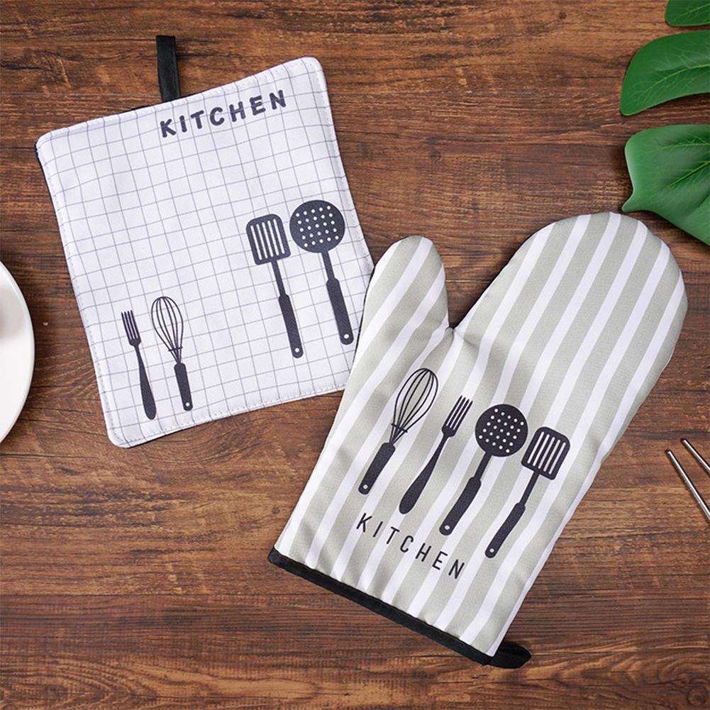 2pc/set Oven Mitt Table Pad Heat Resistant Thickened Kitchen Gloves Pot Holder Soft Inner Lining