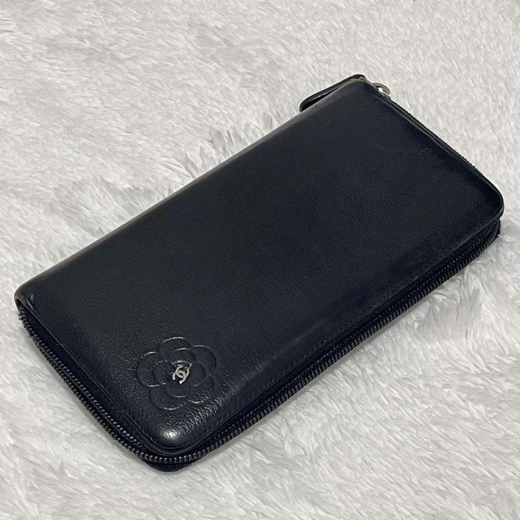 Used CHANEL Camellia Coco Mark Leather Round Zipper Long Wallet