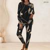 Women Plus Size Black Printed Round Neck Long Sleeve Longline Top Fitted Pants Two Piece Set