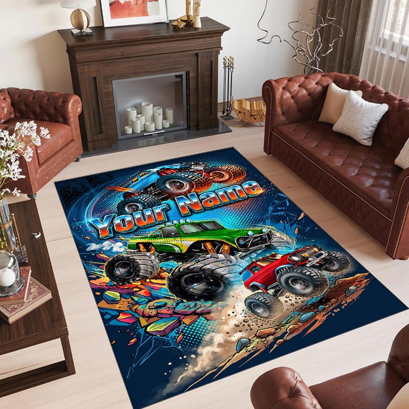 Monster Truck Theme Crystal Velvet Rug Personalized Custom Name Text Soft Floor Mat Home Decor