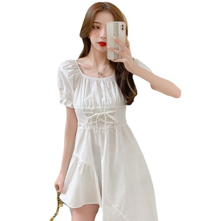 New women's clothing French medium and long straps waist thin short sleeves irregular dress niche fried street summer