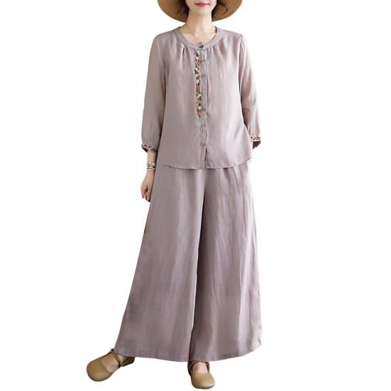 2 шт./комплект женский повседневный наряд круглый вырез рукава 3/4 вышитый цветочный узор рубашка широкие длинные брюки комплект повседневная одежда