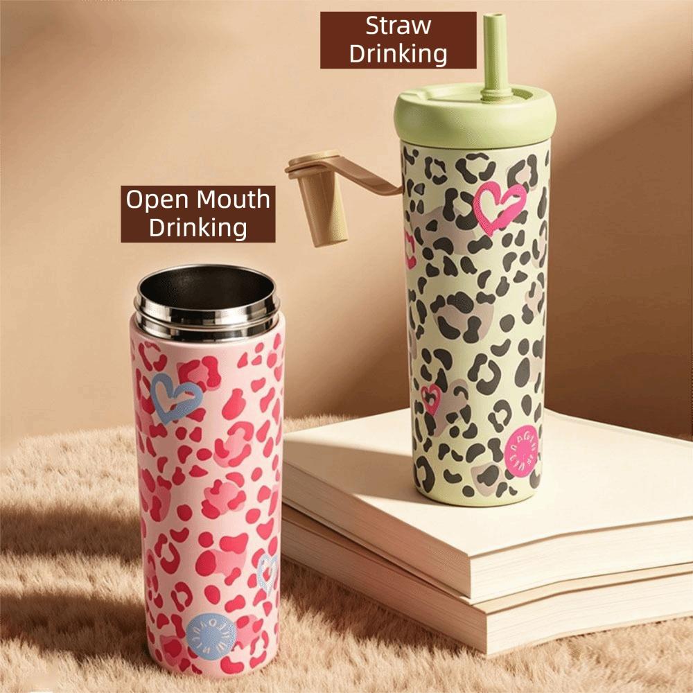 Leopard Pattern Straw Thermos Cup Stainless Steel Drinking Straw Cup Outdoor Insulated Mug Running