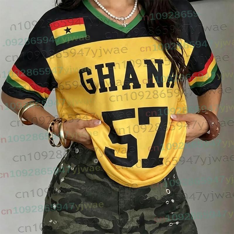 Ghana No.57 Colorblock T-Shirt Y2K Retro V-Neck Uniforms Football Tshirt Summer Streetwear Women Men's Clothing For Soccer Fans
