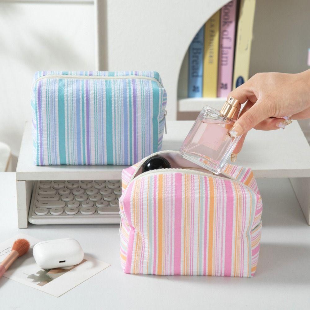 Striped Design Cosmetic Bag Lightweight Travel Skincare Bag Striped Makeup Pouch Girls