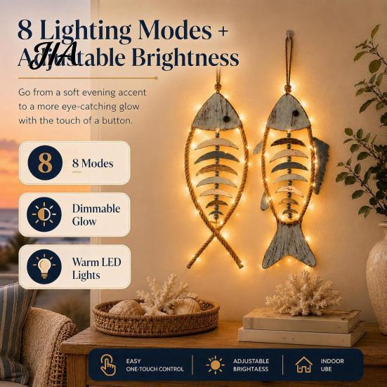 Minimalist Fashionable Home Embellishment Wooden Fish Wall Hanging Pendant With/Without LED Light, Nautical Decor, Coastal Theme Fishbone Corrosion