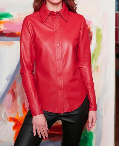 Handmade Lambskin Genuine Soft Stylish Casual Formal Women's Shirt Red Leather
