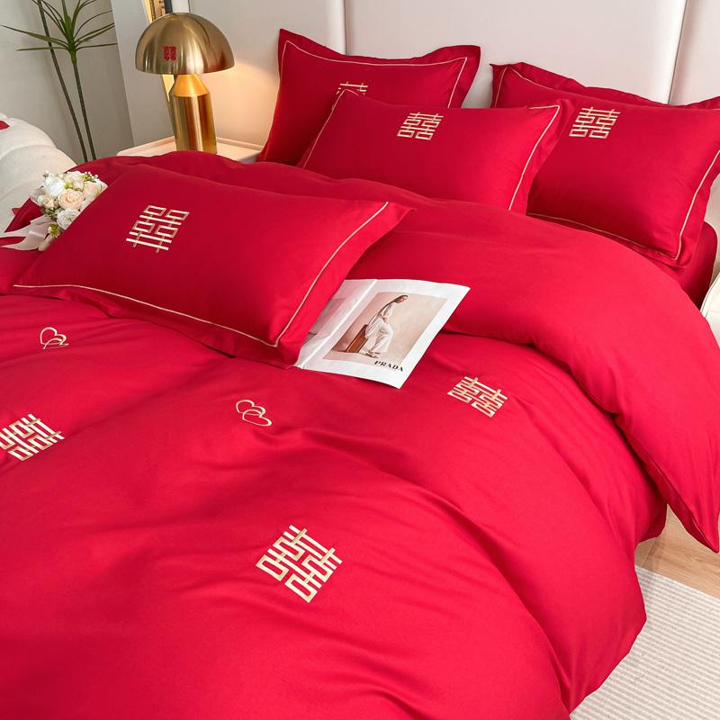 Clever plan for washing cotton wedding four piece set, red embroidery wedding four piece set, festive wedding four piece set