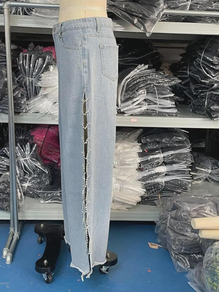 Women's Spring/Summer Loose Mid-Waist Wide-Leg Jeans with Diamond Stitching and Side Cut-Outs