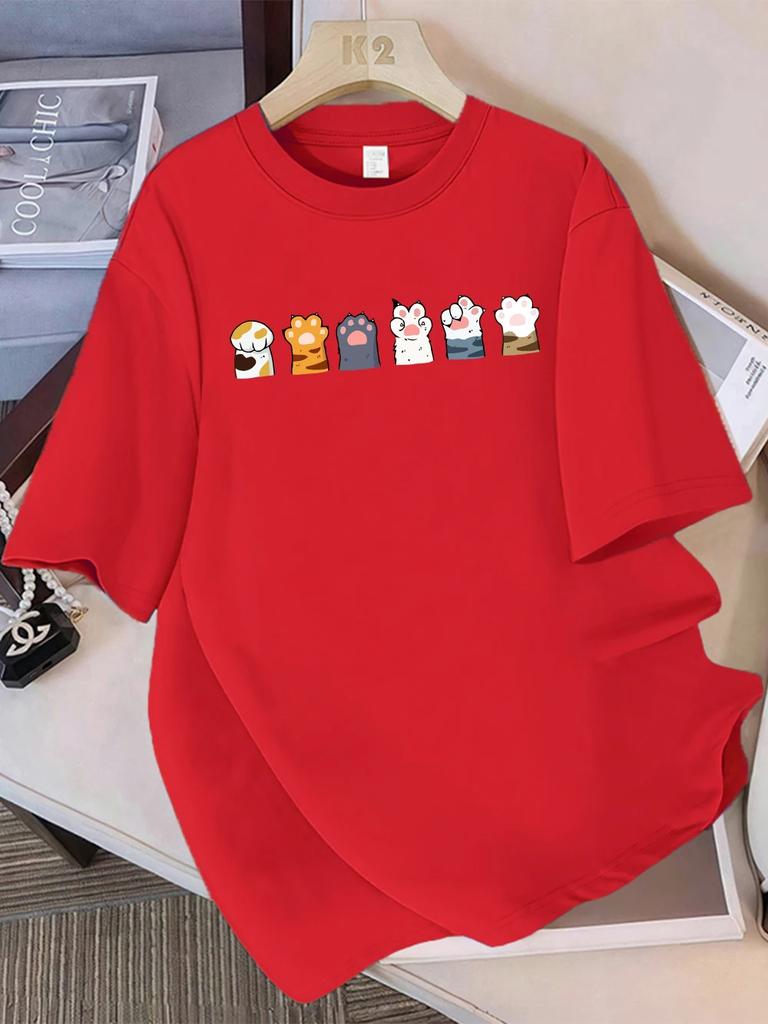 Принты с комбинациями кошачьих лап разных цветов Летние футболки Женские футболки с коротким рукавом Мягкие топы с круглым вырезом Базовая одежда