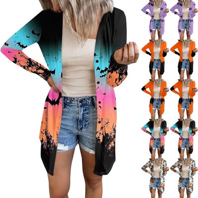 Женский повседневный кардиган, топ с длинными рукавами и карманами с принтом на Хэллоуин