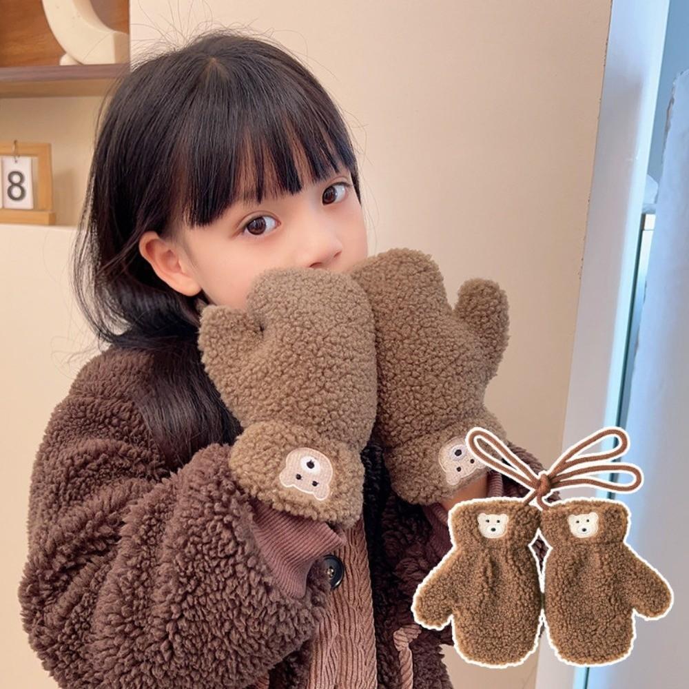 Polyester Bear Plush Mittens Neck Strap Childrens Mittens with Strap For Children 3-8 Years