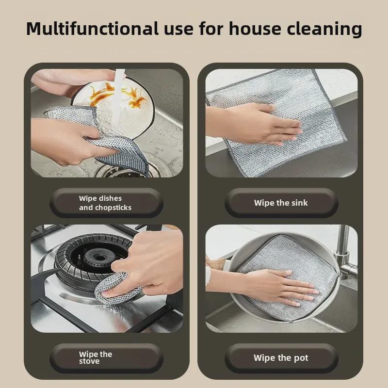 Двусторонняя кухонная тряпка из серебристой стальной проволоки: Замена стальной ваты на антипригарное масло, скребок для кухонных плит и кастрюль.