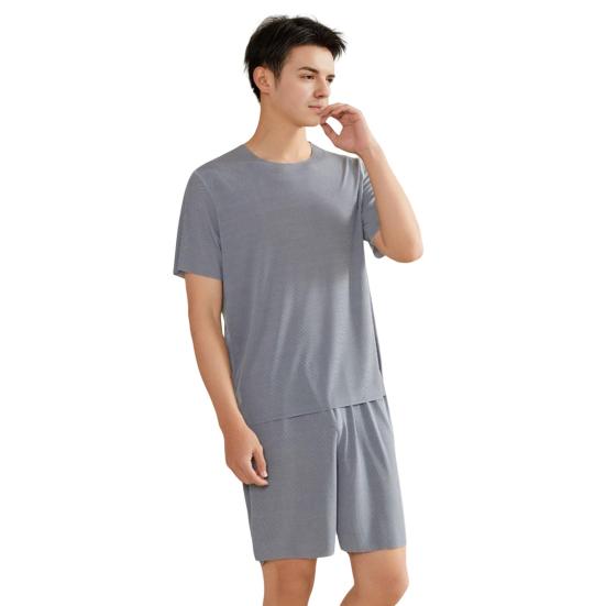 Комплект из 2 предметов: мужская пижама, футболка с коротким рукавом и круглым вырезом, эластичный пояс, шорты, комплект, однотонная домашняя одежда, костюм