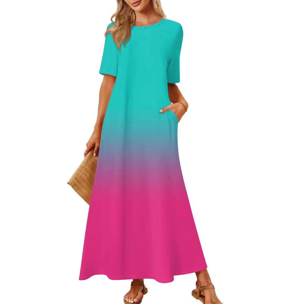 Women's Fashionable And Casual Long Beach Skirt Round Neck Short Sleeved Loose Retro Print Dress