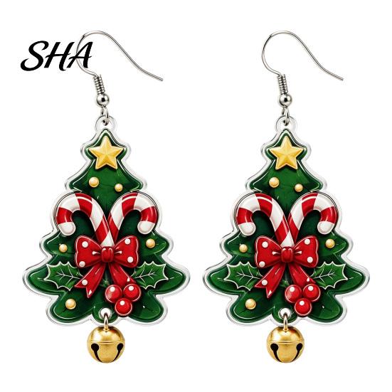 Festive Fashion Jewelry 1 Pair Acrylic Christmas Tree Dangle Earrings, 2D Flat Xmas Stocking Stuffer Bow Candy Cane Earrings with Bell, Holiday Party