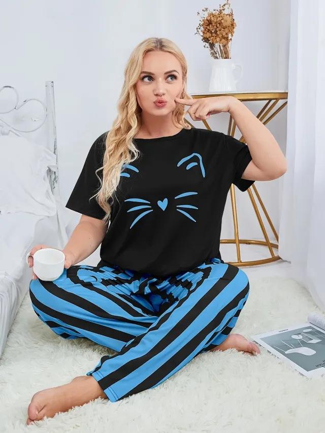 Комплект женской пижамы больших размеров 2024 - Полосатые клетчатые брюки и топ с водяным знаком