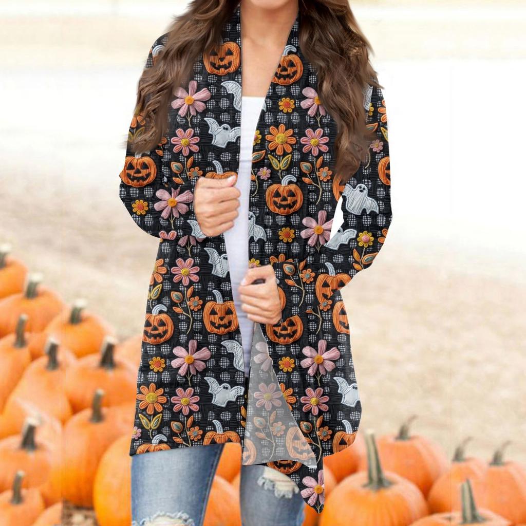 Женская мода повседневная Хэллоуин принтованный длинный рукав кардиган средней длины топы