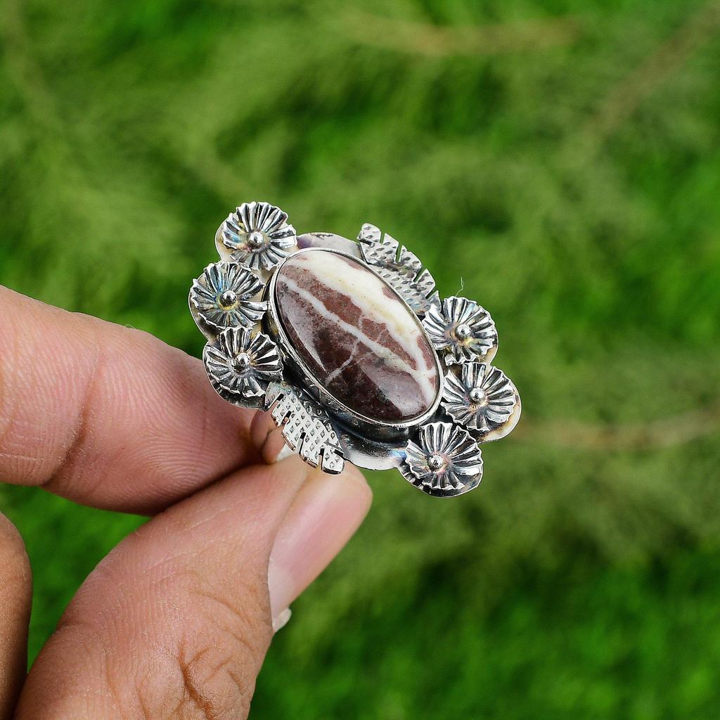 Natural Coconut Jasper Solitaire Flower Adjustable Ring 925 Silver For Girls