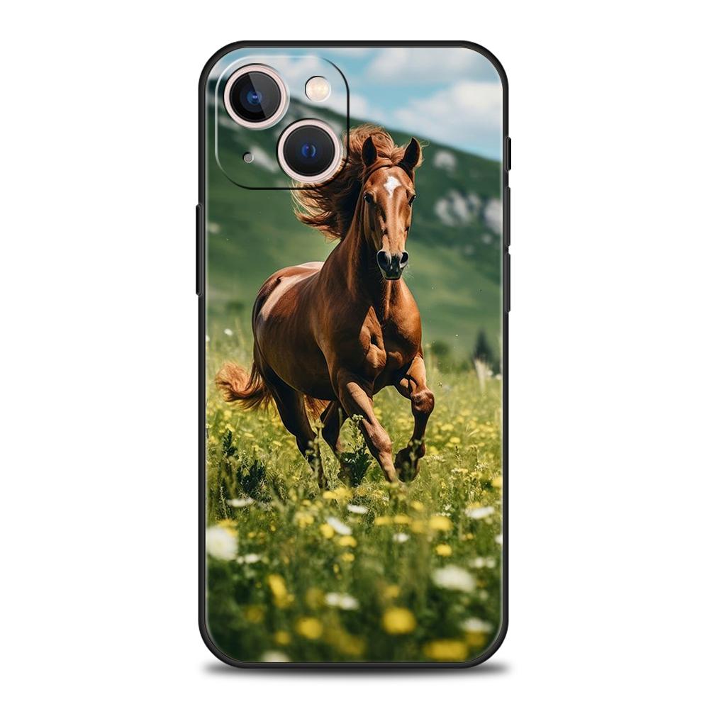 Роскошный мягкий чехол из ТПУ для iPhone 16 11 15 14 Pro MAX 12 13 7 8 Plus X XR XS SE 2022 Черный чехол Лошадь Животное