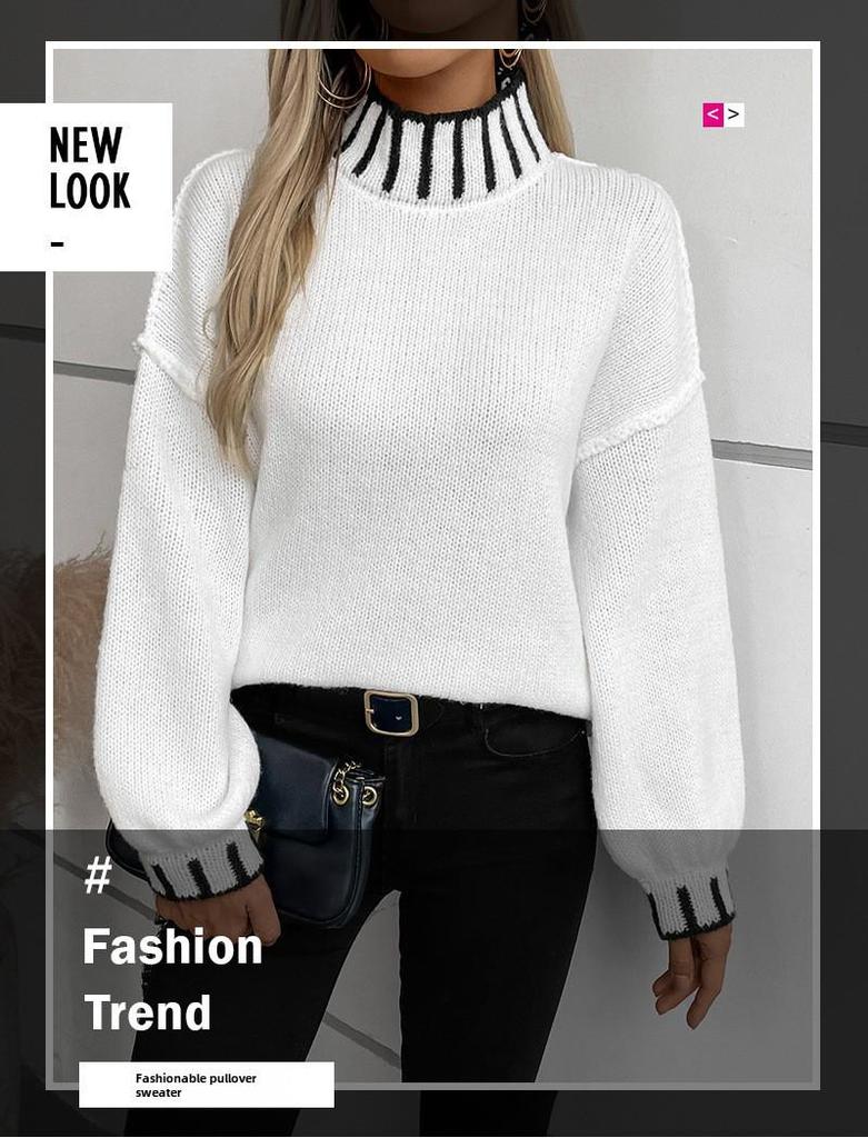 Женский свитер-пуловер с высоким воротником в стиле ретро 2024 года в стиле колор-блок — европейский и американский стиль для осени/зимы