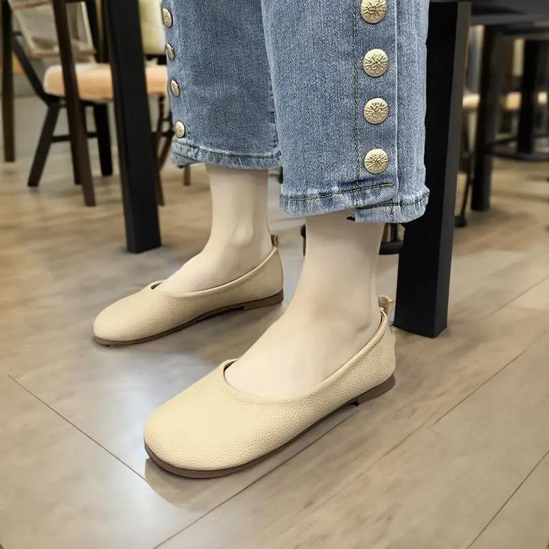 Fashion Leather Casual Women's Flat Shoes Round Toe With Heel Formal Chic and Elegant Slip On Point Popular 2025 Summer Ladies Footwear