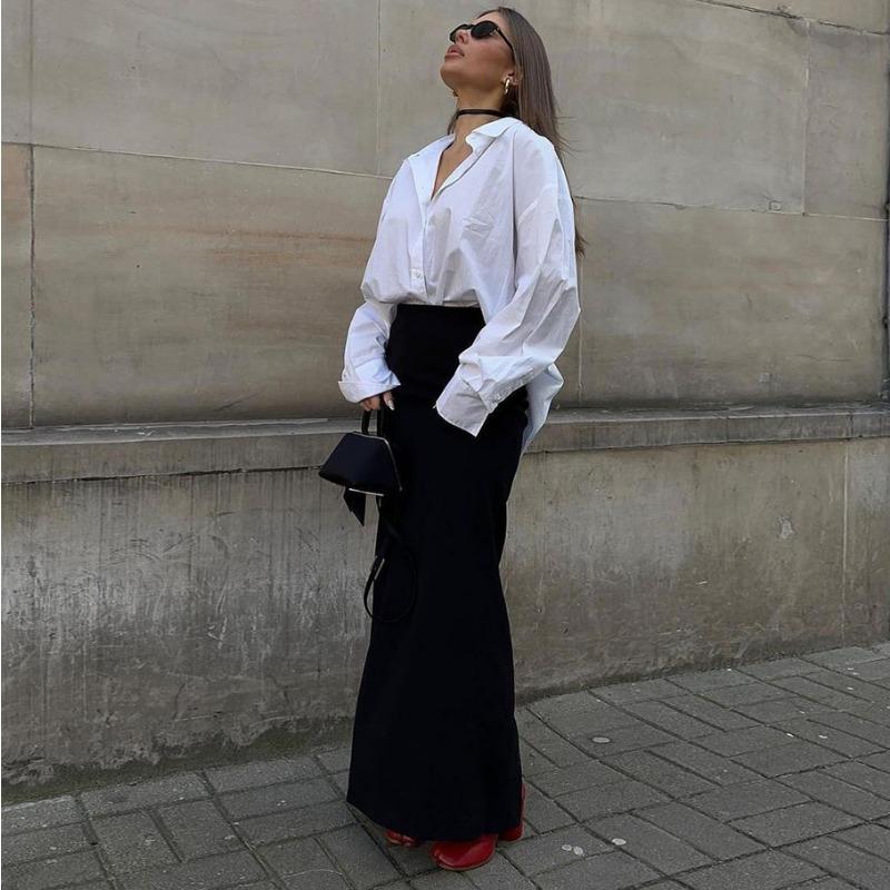 Черная атласная юбка-макси для женщин, высокая талия, кружевные боковые тонкие облегающие юбки-карандаши, женская элегантная клубная вечерние юбка