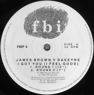 12-дюймовая пластинка JAMES BROWN V DAKEYNE - I Got You (Я чувствую себя хорошо) FBIP9 Записи ФБР 1992 Великобритания Танцевальная и Электронная Б/У