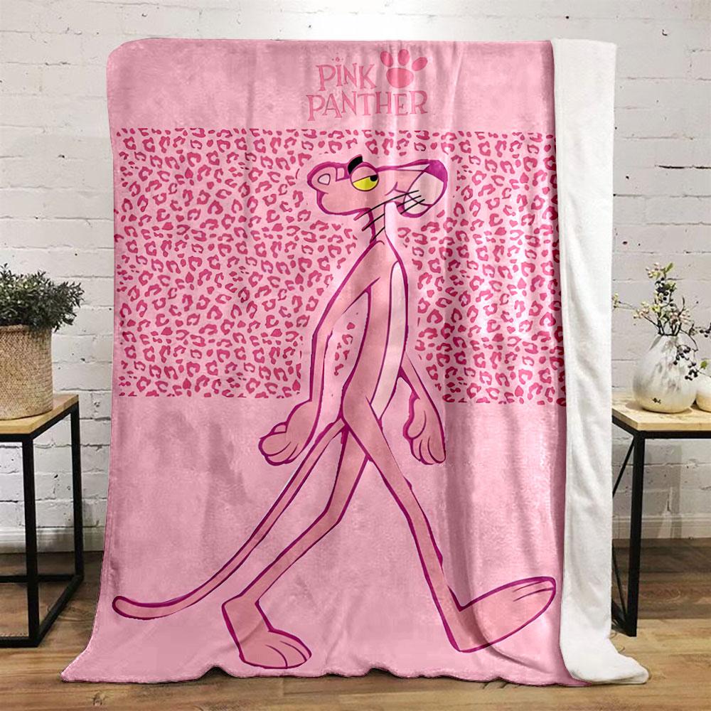 Pink leopard print background with a walking pink panther character. for all seasons blanket lunch break throw gift