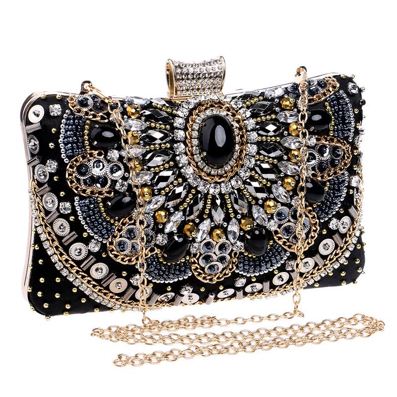 Beaded Clutch Purse Evening Bags Wedding Party Handbag Metal Chain Shoulder Bags CLE