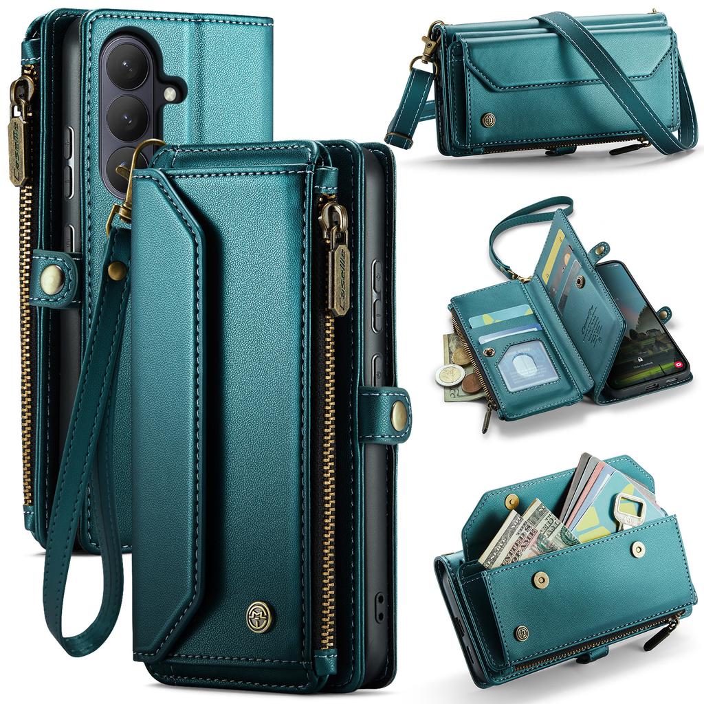 For Samsung Galaxy S26 Leather Case CASEME C36 Zipper 10 Card Slots Phone Cover with Straps