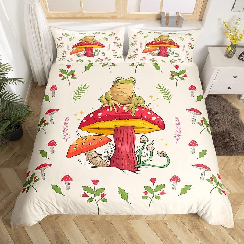 Red Mushroom Kawaii Comforter Set Twin Size Kids Bedding Set Botanical Plant Theme Print Quilt Bed Set for Boys Girls Adults