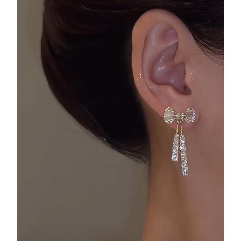 Luxury Bow Earrings for Women Sweet Zircon Tassel Earrings Piercing Accessories Jewelry
