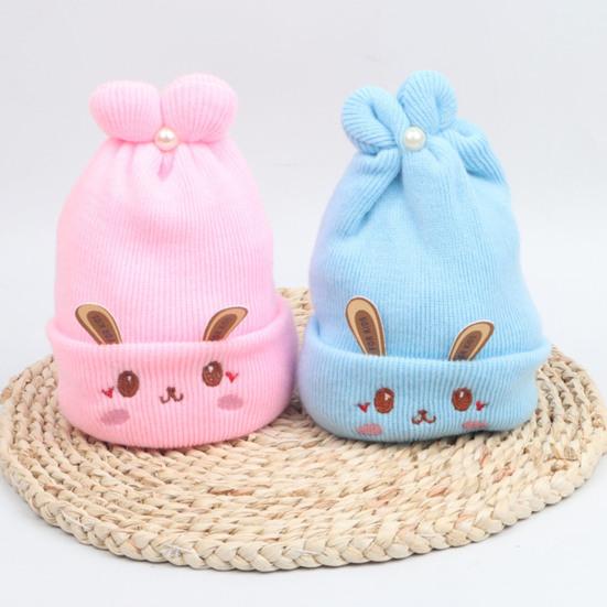 0-6 Месяцев Вязаная Шапка Ушки Кролика Вышивка Лицо Плиссированный Верх Декор Имитацией Жемчуга Эластичная Защита Ушей Более Плотная Осень Зима