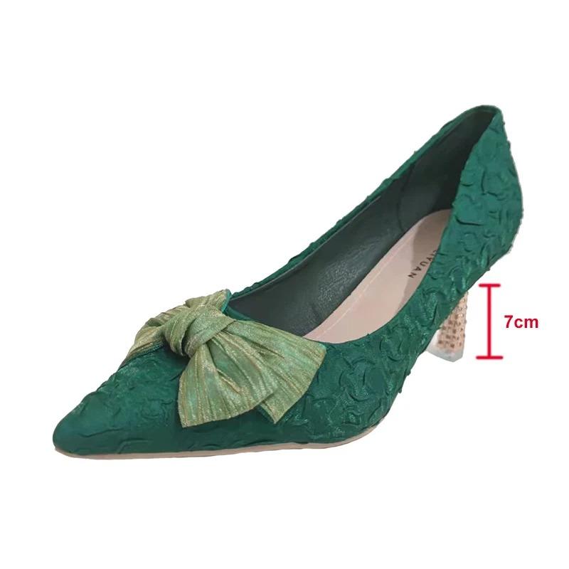 Fashion Green Silk Bowtie High Heels Pumps for Women Sexy Pointed Toe Metal Stiletto Heels Wedding Party Shoes Woman 2024 Spring
