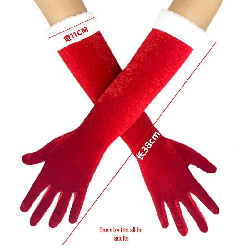 Женские красные рождественские золотые бархатные перчатки с белым пухом - Теплый праздничный аксессуар для вечеринки
