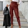 Women Pants Smooth Faux Leather Zipper Decor Slim Fit High Waist Zipper Button Closure Multi Pockets Solid Color Pencil Pants Long Trousers