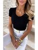 2025 Весна Лето Женская футболка V-образный вырез Нитка Повседневная мода Однотонный пуловер Рукав-фонарик Короткий рукав Женская футболка
