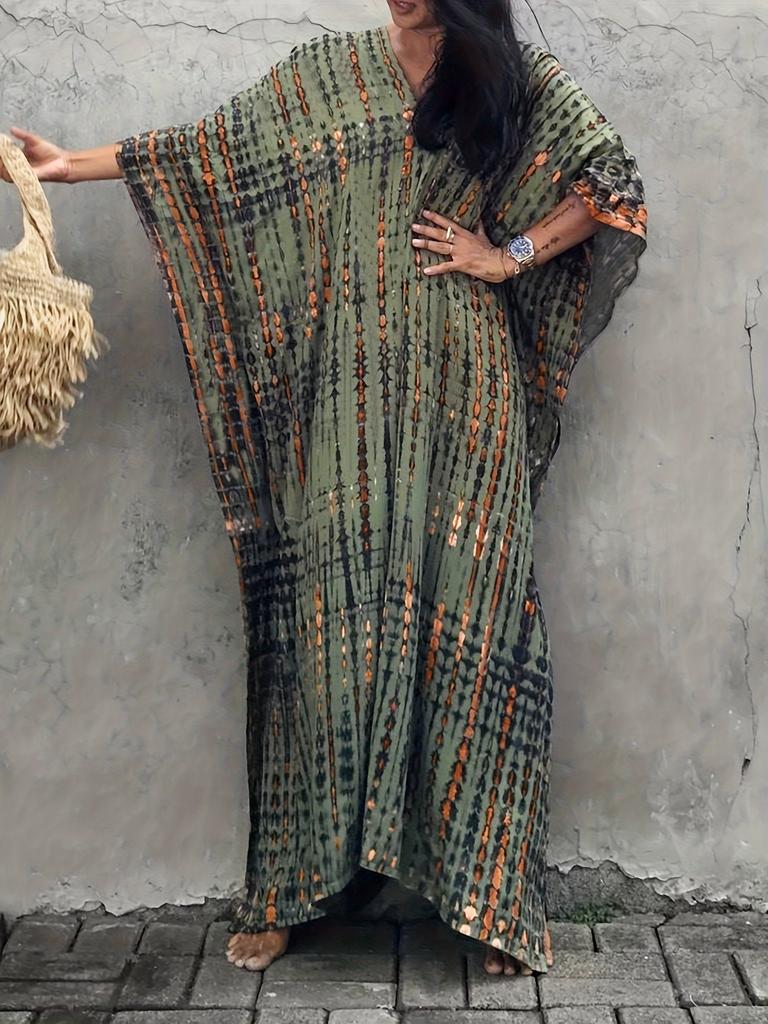 Women's Boho Style Cover Up, Plus Size Tie Dye V Neck Loose Fit Vacay Beach Kaftan Dress
