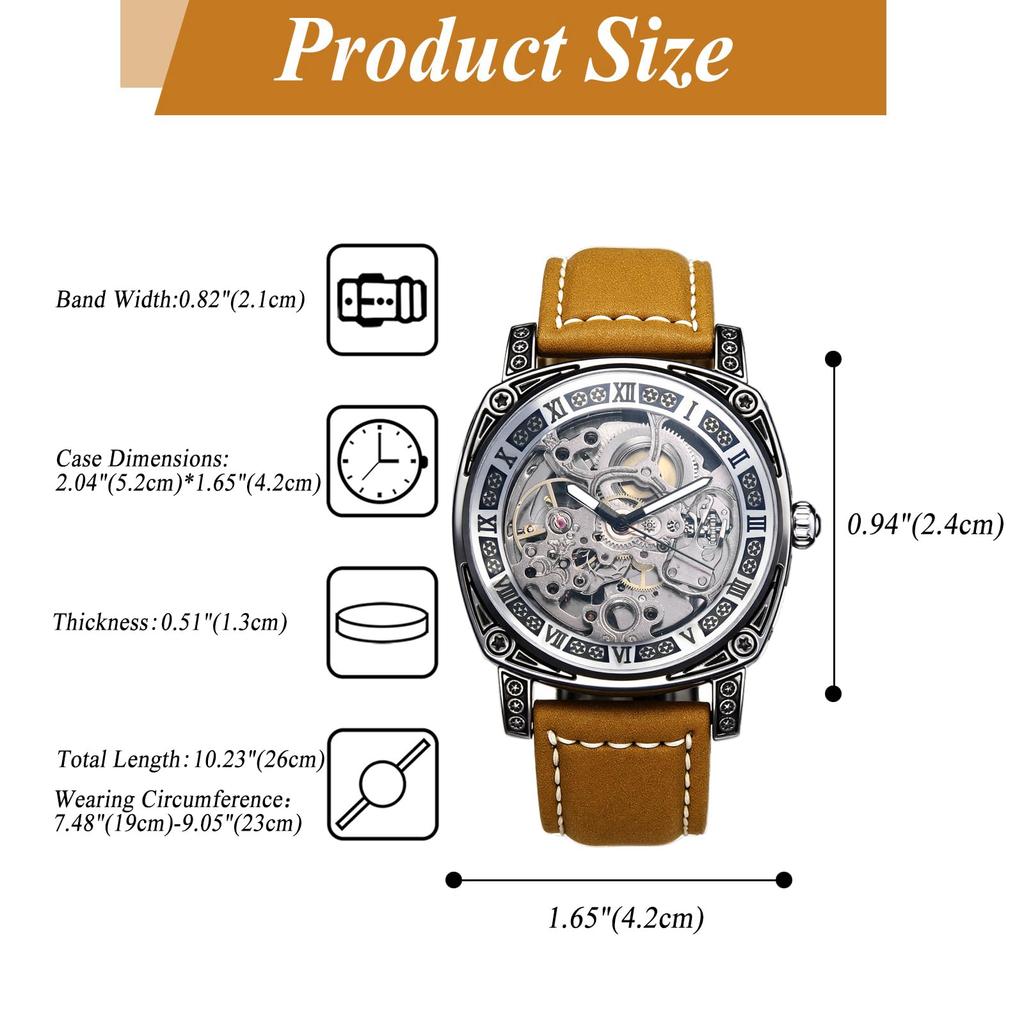 Automatic Skeleton Watch with Genuine Leather Roman Analog 3ATM Water Stylish Accessory for Leisure and Business Perfect Gift for and Day Men's Strap