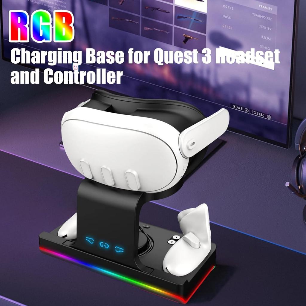 Зарядная база для Meta Quest 3 VR, беспроводная зарядная стойка с RGB-подсветкой, зарядная база, 2 перезаряжаемых аккумулятора для Oculus/Meat Quest 3