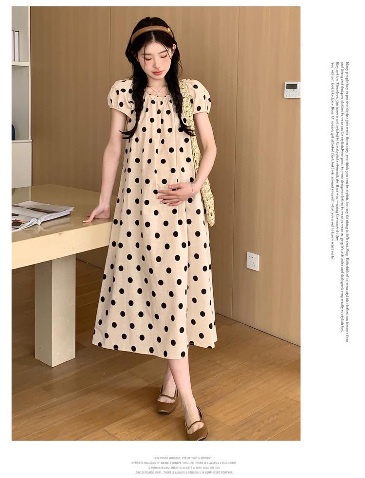 2024 Chic French Maternity Polka Dot Midi Dress with Puff Sleeves