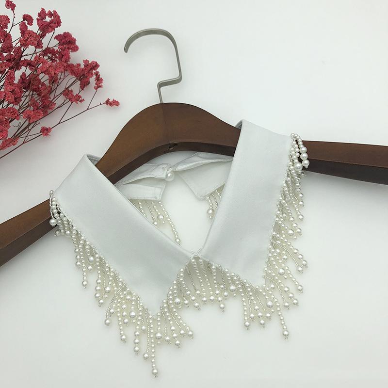Women White Fake Collar Handmade Beads Detachable Solid Color Shirt False Collar Blouse Women Neckwear Decor
