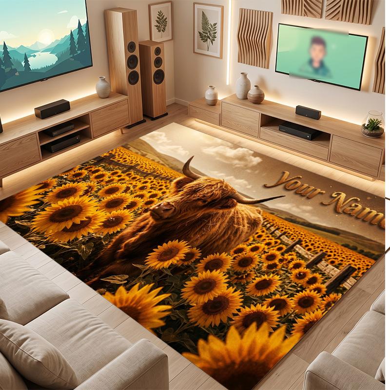 Highland Cow Theme Soft Crystal Velvet Rug Custom Name & Text Print Non Slip Floor Rug for Bedroom Living Room