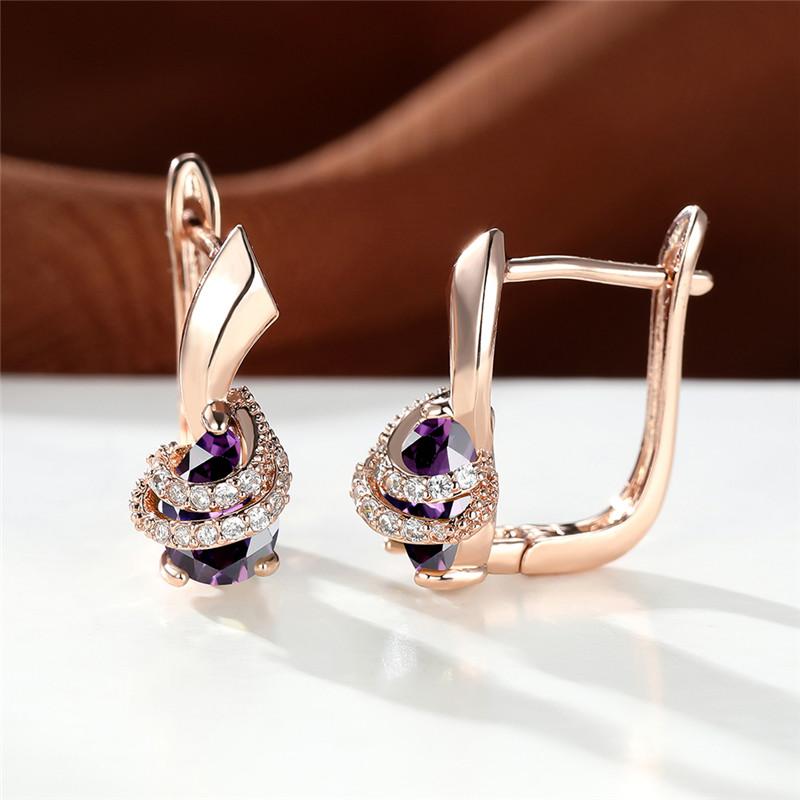 1 Pair Rose Gold Color Teardrop Cut Purple Stone Clip On Claw Earrings Drop Dangle Spiral Earrings Wedding Jewelry