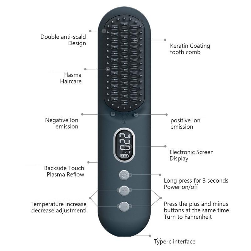 Rechargeable Portable Travel Hair Straightening And Curling Cordless Negative Ion Hair Straightening Comb Dual-Use Styling Tool