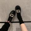 Loafers Round Head Rhinestone Square Buckle Thick Bottom Thick with Soft Bottom Single Shoes Female Small Leather Shoes